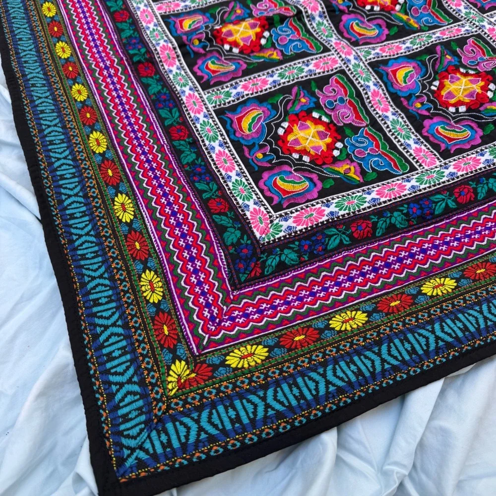 Vintage Hmong Embroidered Folk Art Textile Tapestry Black Multi Boho Floral